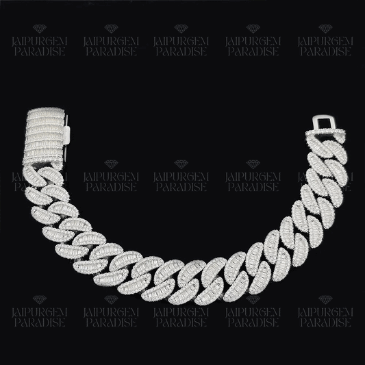 15mm Iced Out HipHop Silver Moissanite Baguette Cuban Link Bracelet