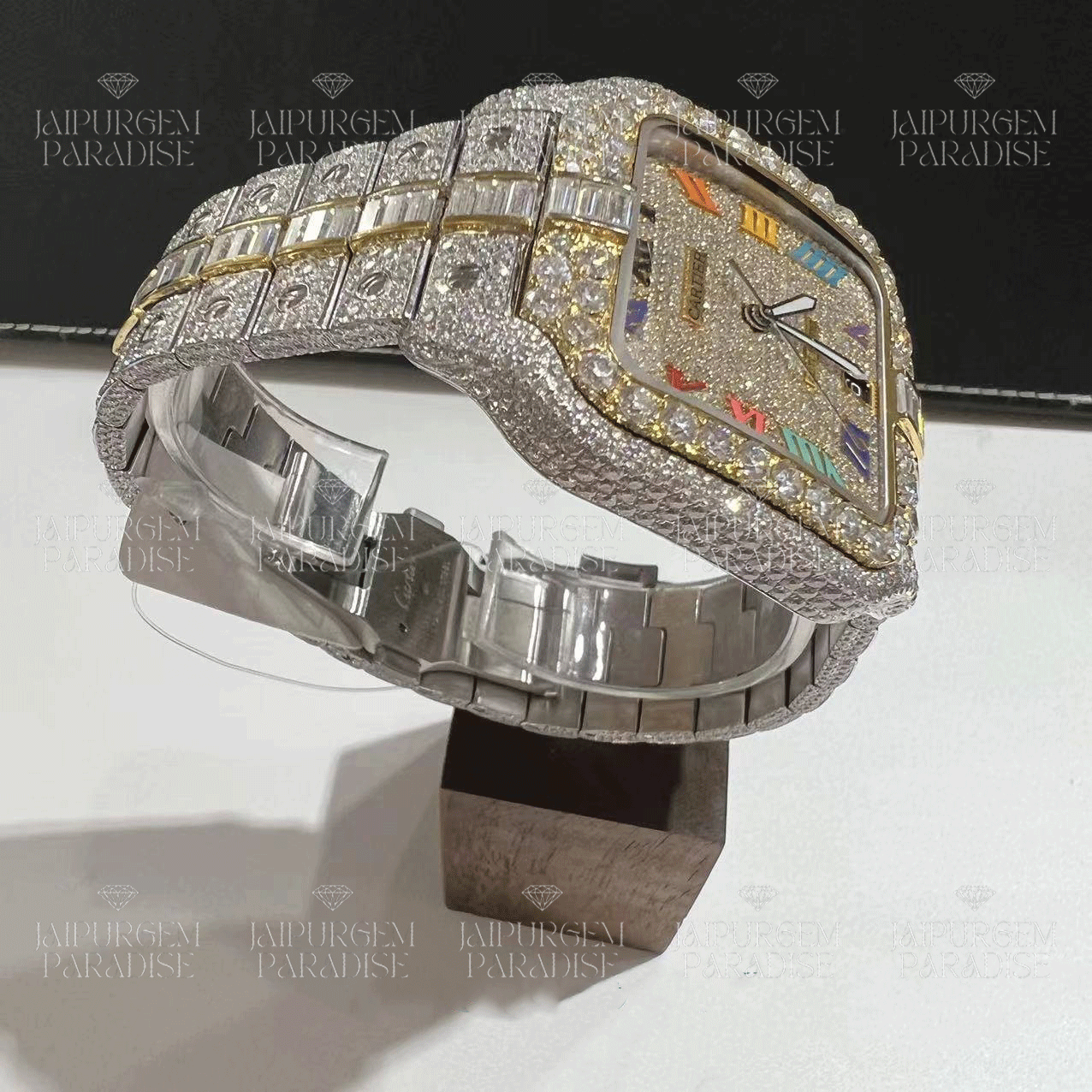 Custom Two Tone Roman Dial Luxury HipHop Iced Out Baguette Moissanite Diamond Watch