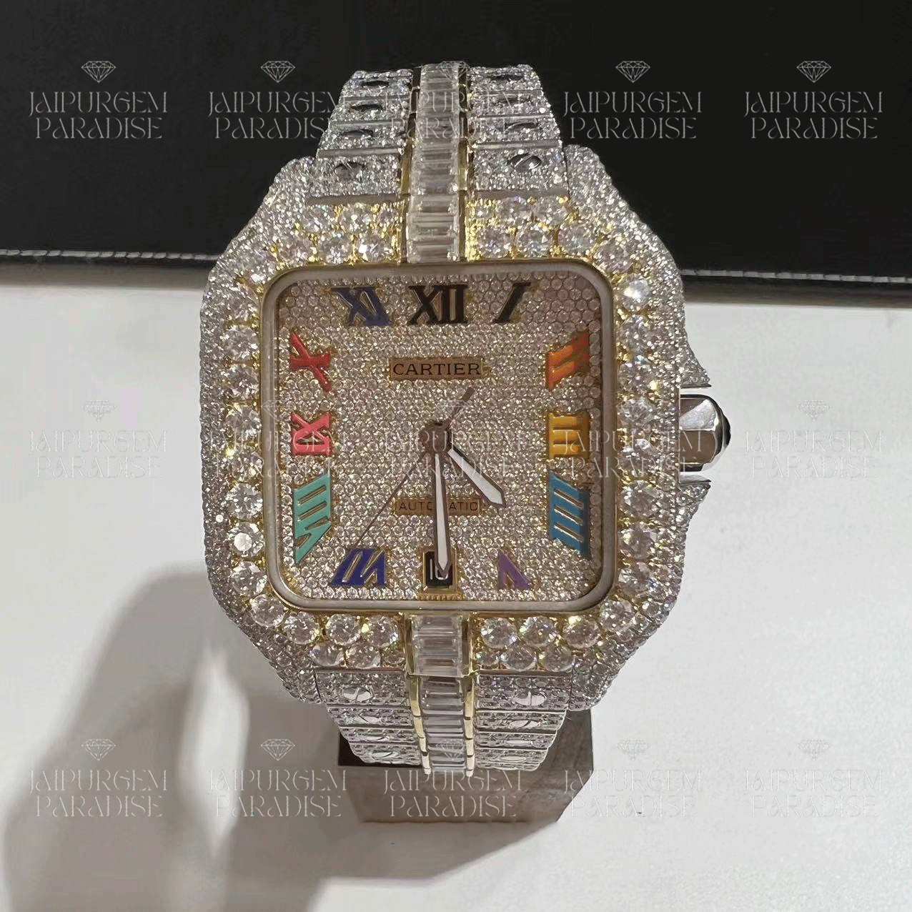 Custom Two Tone Roman Dial Luxury HipHop Iced Out Baguette Moissanite Diamond Watch