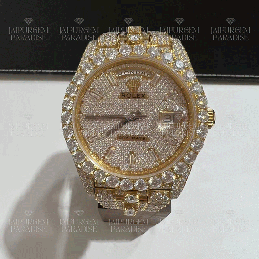 Hip-Hop Luxury Automatic Movement Handcrafted Moissanite Studded stainless steel Yellow Gold Watch