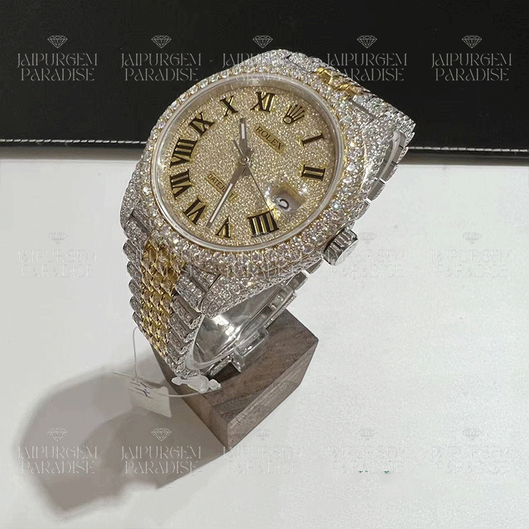 Hip-Hop Luxury Automatic Movement Handcrafted Moissanite Studded Two Tone Watch