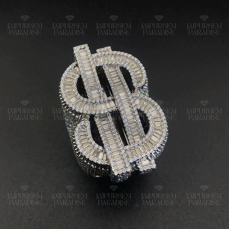 Hip Hop 925 Sterling Silver Moissanite Baguette Dollar Sign Ring