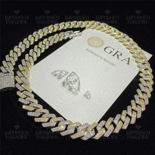 14mm Two Tone Iced Out Moissanite Gold Plated Cuban Link Chain