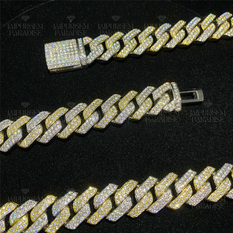 14mm Two Tone Iced Out Moissanite Gold Plated Cuban Link Chain