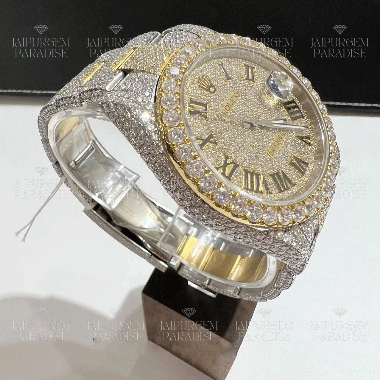 Luxury Two Tone Roman Dial Iced Out Automatic Movement Moissanite Hip Hop Watch