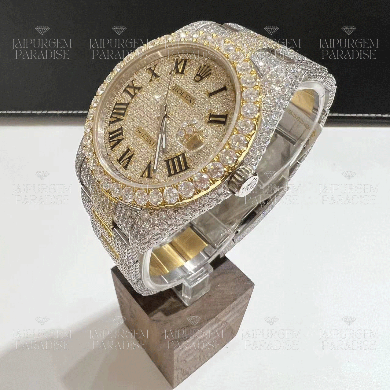 Luxury Two Tone Roman Dial Iced Out Automatic Movement Moissanite Hip Hop Watch