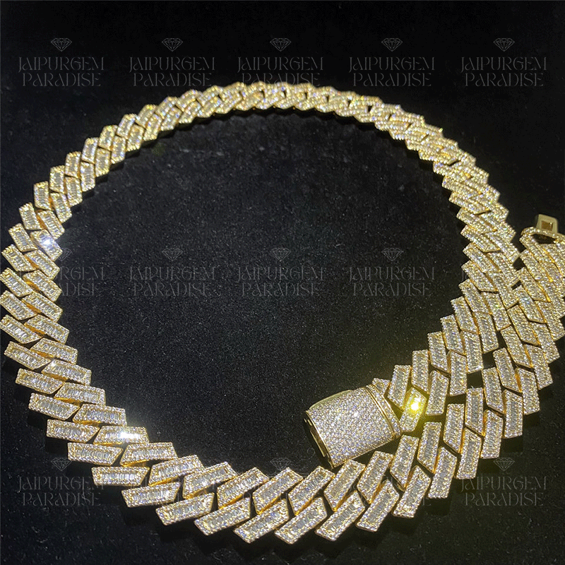 18mm Iced Out Yellow Gold Plated Silver Moissanite Baguette Luxury Cuban Link Chain