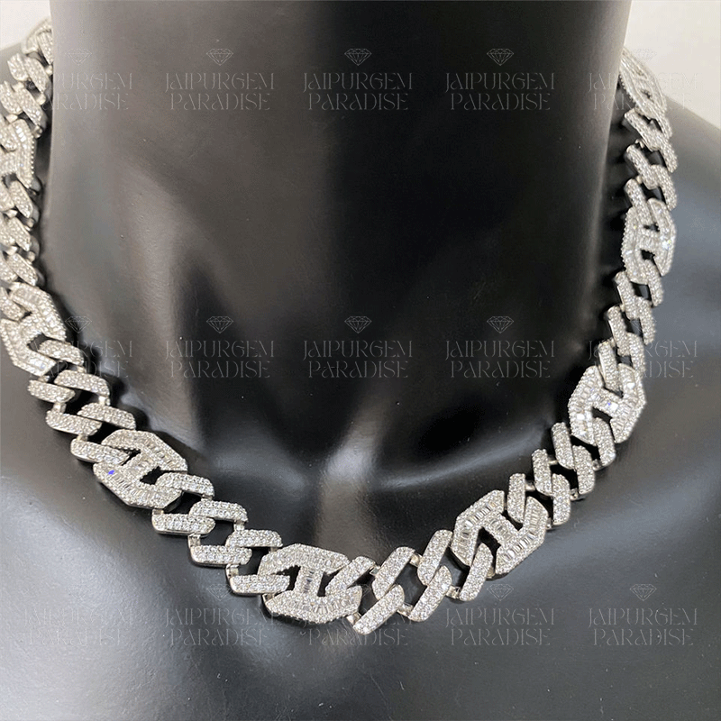 15mm Silver Moissanite Diamond Iced Out Hip Hop Jewelry Baguette Cuban Link Chain