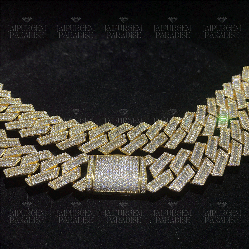 18mm Iced Out Yellow Gold Plated Silver Moissanite Baguette Luxury Cuban Link Chain