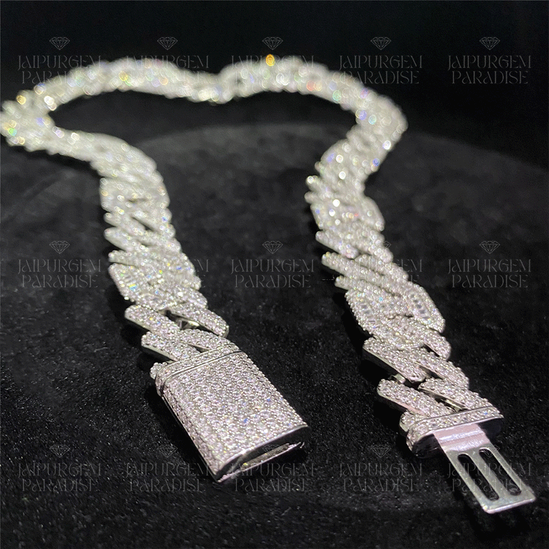 15mm Silver Moissanite Diamond Iced Out Hip Hop Jewelry Baguette Cuban Link Chain