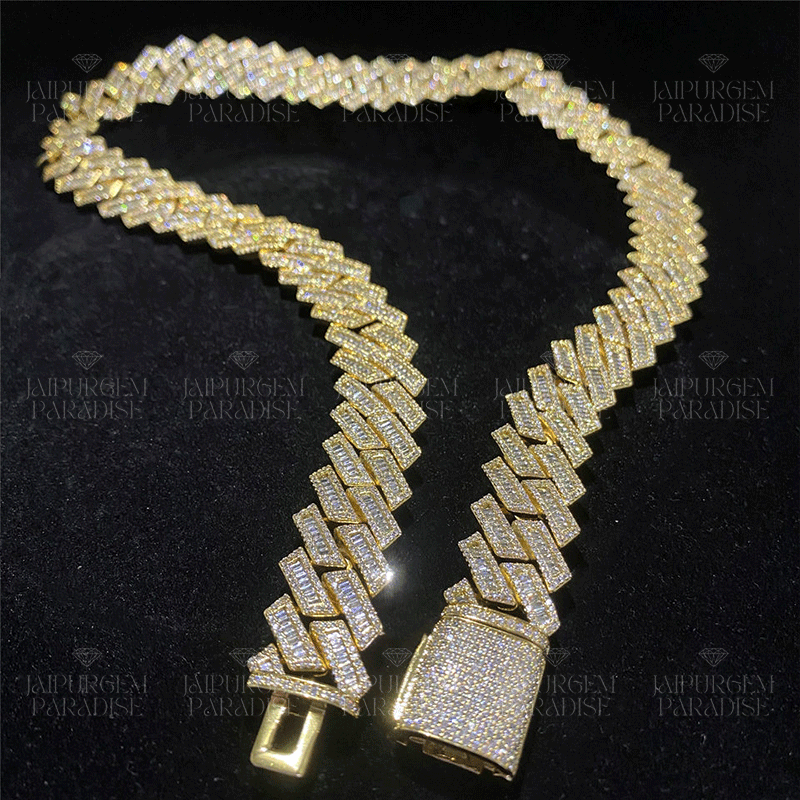 18mm Iced Out Yellow Gold Plated Silver Moissanite Baguette Luxury Cuban Link Chain