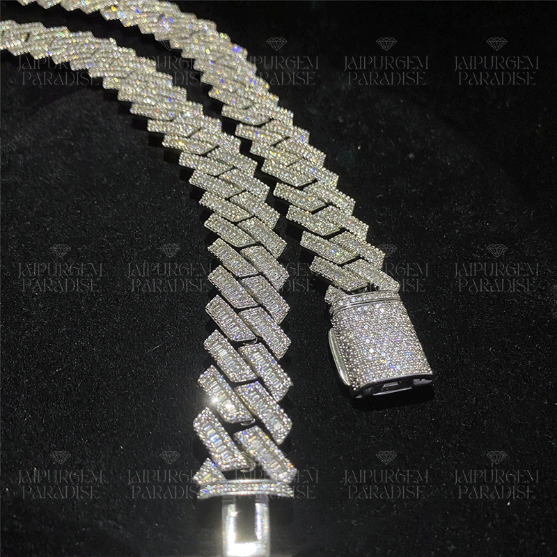 18mm HipHop Iced Out Silver Moissanite Baguette Luxury Cuban Link Chain