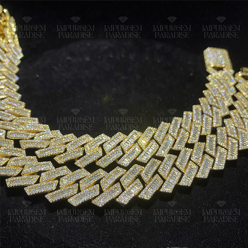 18mm Iced Out Yellow Gold Plated Silver Moissanite Baguette Luxury Cuban Link Chain