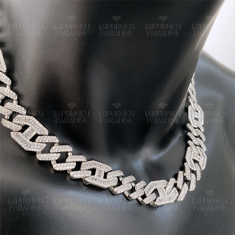 15mm Silver Moissanite Diamond Iced Out Hip Hop Jewelry Baguette Cuban Link Chain