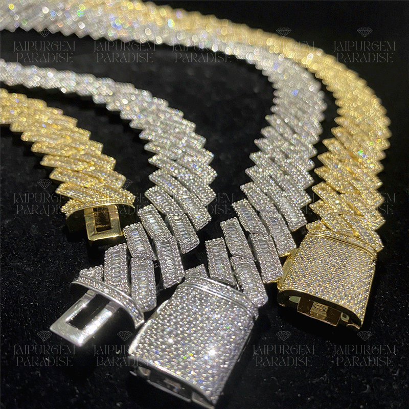 18mm HipHop Iced Out Silver Moissanite Baguette Luxury Cuban Link Chain