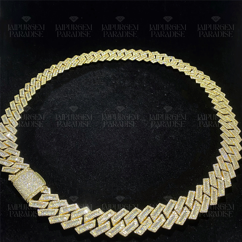 18mm Iced Out Yellow Gold Plated Silver Moissanite Baguette Luxury Cuban Link Chain