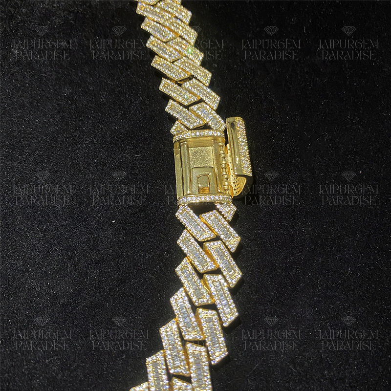 18mm Iced Out Yellow Gold Plated Silver Moissanite Baguette Luxury Cuban Link Chain