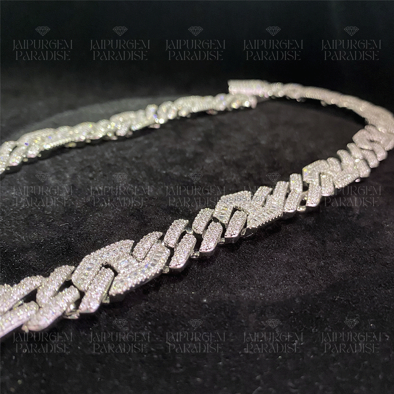 15mm Silver Moissanite Diamond Iced Out Hip Hop Jewelry Baguette Cuban Link Chain