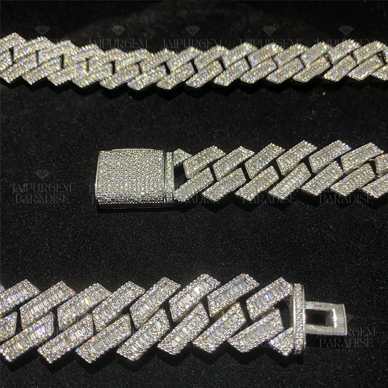 18mm HipHop Iced Out Silver Moissanite Baguette Luxury Cuban Link Chain