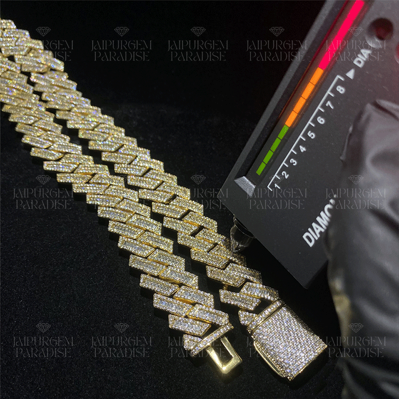 18mm Iced Out Yellow Gold Plated Silver Moissanite Baguette Luxury Cuban Link Chain