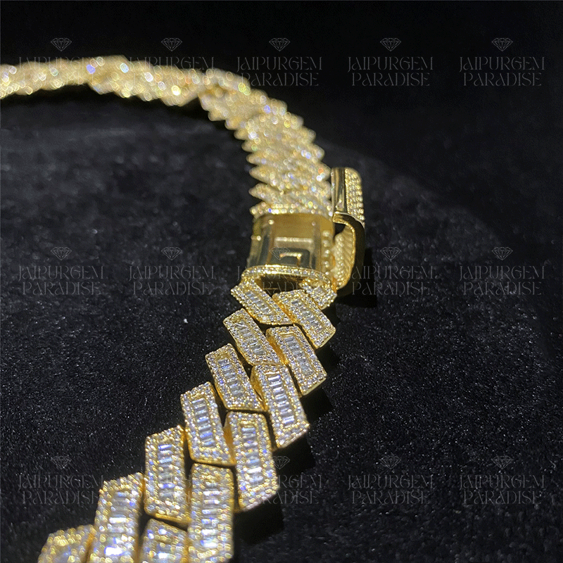 18mm Iced Out Yellow Gold Plated Silver Moissanite Baguette Luxury Cuban Link Chain